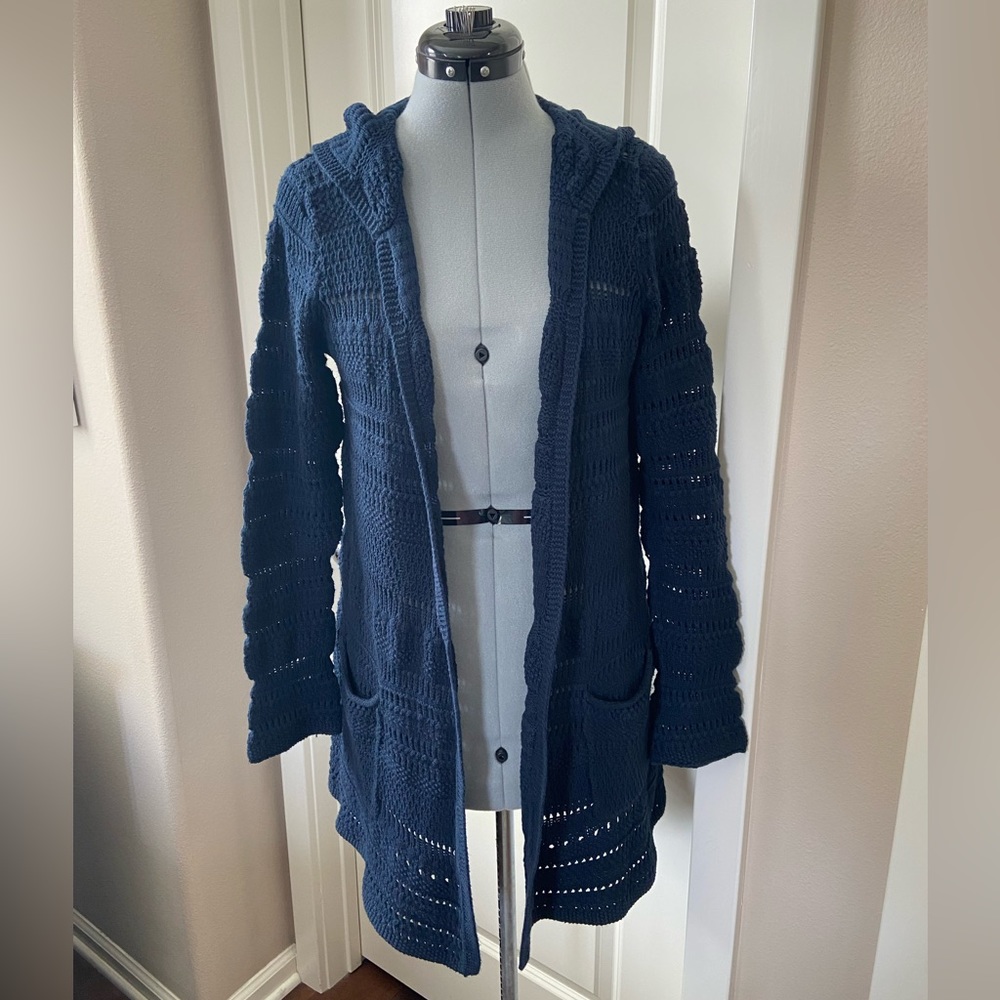 Lucky Brand Long Sweater Cardigan Hoodie, Navy Blue, Size M